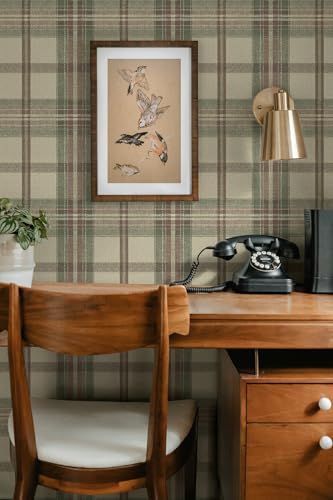 NextWall Harry & Grace Herringbone Plaid Premium Matte Non-Woven Peel and Stick Wallpaper (Clay & Sage) - color: Clay & Sage