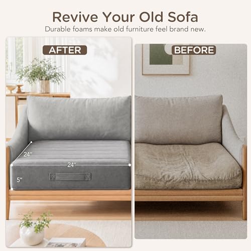 Codi Couch Cushion Replacements, 5 Inch High-Density Foam, 24 Inch Grey - color: Grey, size: 24 Inch (Pack of 1)