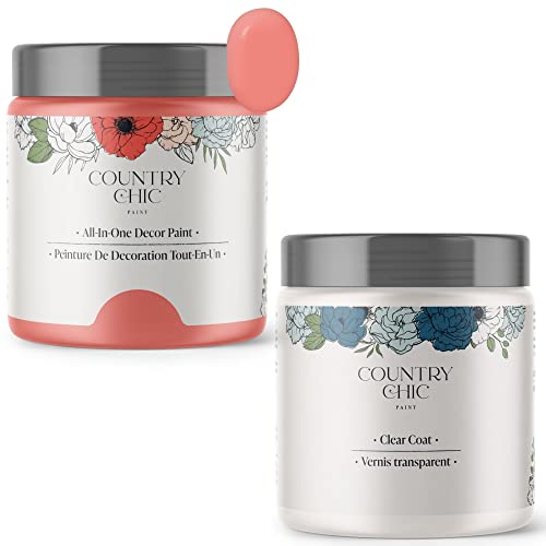 Chalk Style Paint + Clear Coat Bundle - for Furniture, Home Decor, Crafts (Color: Sunset Glow [pint - 16 oz] - Coral Pink)