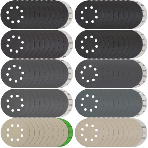 S SATC 5 Inch Wet Dry Sanding Discs 100 Pack, 8 Holes Hook and Loop Sandpaper, Assorted 180 to 5000 Grits Orbital Sander Sand Paper for Wood, Auto Body, Metal Finishing