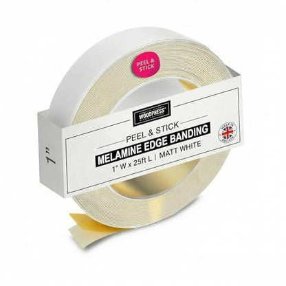 1" Matt White Peel & Stick Melamine Edge Banding, 25 ft - size: 1 inch