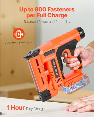 VEVOR Cordless Brad Nailer, 2-in-1 Nail Gun Staple Gun, 18 Gauge 1-1/4 inch, Includes 500 Pcs Staples and 500 Pcs Nails, with Battery and Charger, Non-Slip Rubber Grip, for Woodworking DIY Projects