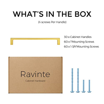 Ravinte Brushed Brass Solid Pulls Cabinet Handles 7-1/2 Inch 30 Pack - size: 7-1/2 Inch Hole Center