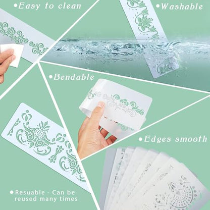 8 Pieces Ornate Border Stencil Flower Template Cake Decorating Templates Reusable DIY Art and Craft Stencil Floral Edge Baking Tool for Painting On Wood|Canvas|Paper|Fabric