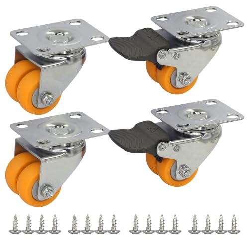 1.5" Dual Wheel Casters Set of 4, 2 Brakes, 380 lbs Chrome Plate