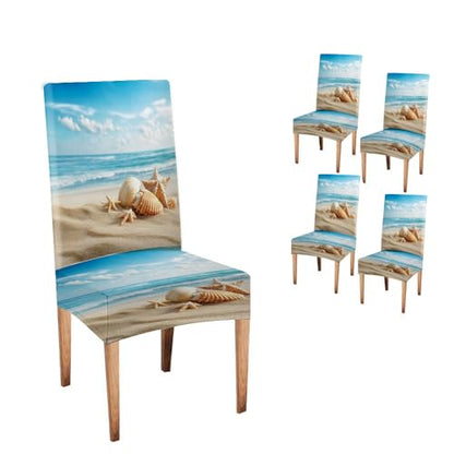 Mrcrypos Chair Covers Set of 4 Stretch Chair Covers Ocean Beach Detachable Washable Stretch Kitchen Seat Covers Protective for Home,Restaurant,Banquet - color: Beach, size: 4