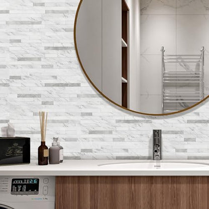 STICKGOO 20 Sheets Peel and Stick Backsplash Tile, Stick on Backsplash for Kitchen and Bathroom, White Marble Look PVC Mixed Metal Silver Self Adhesive Wall Tiles - color: White Marble + Metal Silver