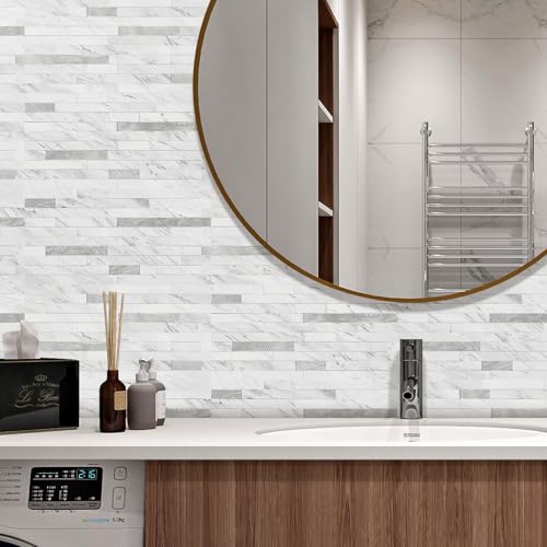 STICKGOO 20 Sheets Peel and Stick Backsplash Tile, Stick on Backsplash for Kitchen and Bathroom, White Marble Look PVC Mixed Metal Silver Self Adhesive Wall Tiles - color: White Marble + Metal Silver