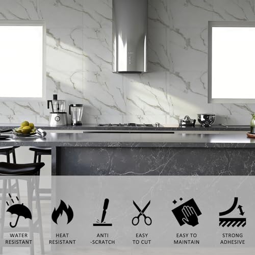 Peel and Stick Backsplash Tiles, 10pcs 12"x12" White Marble Wall Tiles - color: White, Grey and Gold