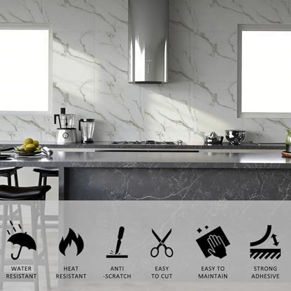 Peel and Stick Backsplash Tiles, 10pcs 12"x12" White Marble Wall Tiles - color: White, Grey and Gold