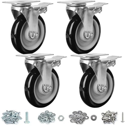 Finnhomy 5 Inch Heavy Duty Plate Swivel Casters Set of 4 With Brake - PU Wheels for Furniture/Workbench, Industrial Locking, Load 3000 Lbs, Anti-wear Smooth Black (Free Screws) - style: 5" (with Brake)