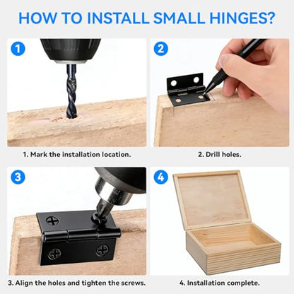 50-Pack 18 x 15mm Black Mini Hinges, 200 Screws for Jewelry Boxes - color: Black