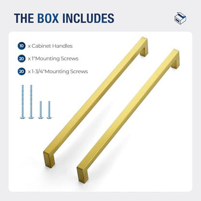 JOY DECOR Gold Cabinet Handles Square Cabinet Pulls 11-1/3 Inch CC, 10 Pack - size: 11-1/3 Inch Hole Center