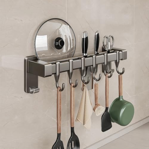 【No-Drill Adhesive for Kitchen】Utensil Rail with 8 Sliding Hooks – 11.8/15.75/19.69 Inch Rustproof Organizer for Pots, Lids & Tools, Scratch-Free Holder for Small Kitchens, Peel Off Without Damage - size: 11.81inch（30cm）