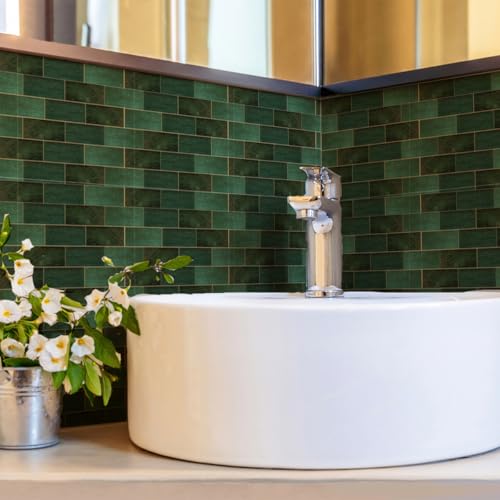 10-Pack Peel and Stick Backsplash Tiles, 7.87"x7.87" Self-Adhesive Wall Tiles, Green Marble Vinyl Waterproof Wall Covering, Kitchen Backsplash Sticker for Renters, Apartment, Hotel, Bathroom, RV - color: Dark Green