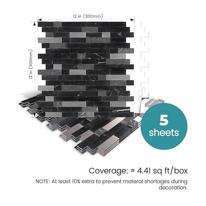 Nicesungdeco Peel and Stick 3D Natural Stone Mosaic Backsplash Tiles, 12" x 12" 5-Sheet Backsplash Self Adhesive Tiles for Kitchen Fireplace Vanity (Black Silver) - color: BLACK SILVER