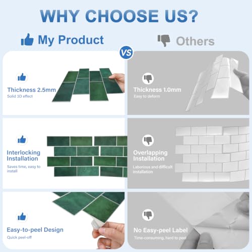 Thicker Design Peel and Stick Wall Tile，Self Adhesive Backsplash Tiles for Kitchen & Bathroom (10 Sheets, Green) - color: Green With Grey Grout