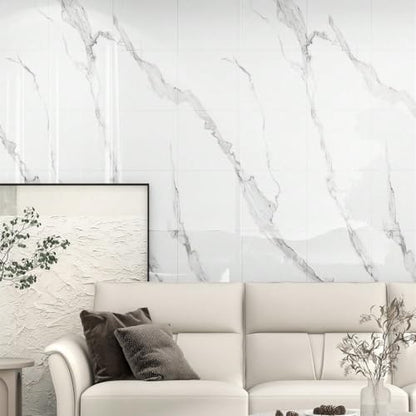 Chejiaye 10pcs Marble Peel and Stick Backsplash Waterproof Washroom Wall Panels, Peel and Stick Tile, PVC Foam Wall Panels for Kitchen,Bathroom,Living Room,White and Grey(Not Real Tile,11.8" x 11.8") - color: White and Grey, size: 11.8" x 11.8" x 10Pack
