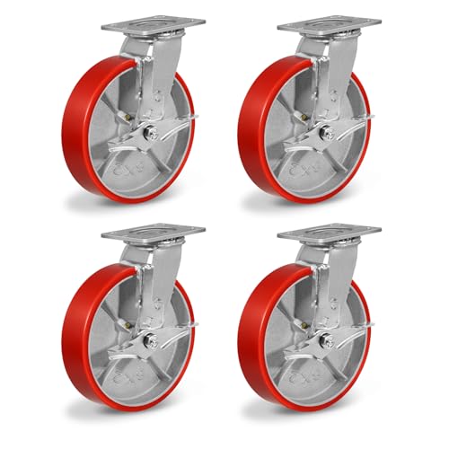 8"X 2" Heavy Duty Casters, Swivel Polyurethane Casters Set of 4 No Noise Plate Industrial Caster Wheels, Load Capacity 6000lbs (4 Pack Brakes) - style: 8'' Wheel