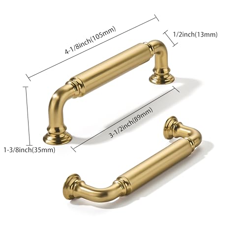 khtumeware 2-Pack Brushed Brass Heavy-Duty Solid Cabinet Pulls, 3-1/2 Inch (89mm) Hole Center, Satin Gold Drawer Pulls, Cabinet Hardware, Suitable for Kitchen Cabinets, Bathrooms and Dressers - color: Brushed Brass, size: 3-1/2 Inch(89mm)Hole Center
