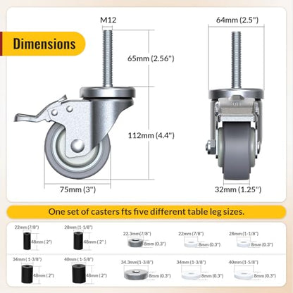 HOLKIE Caster Wheels Locking 3 Inch Expanding Stem Casters, Threaded Swivel Casters Set of 4 Heavy Duty Castors, Fit 1", 1-1/4", 1-2/5", 1-1/2",1-5/8" ID Stainless Steel Table, Cart, Furniture Legs - style: 3 Inch