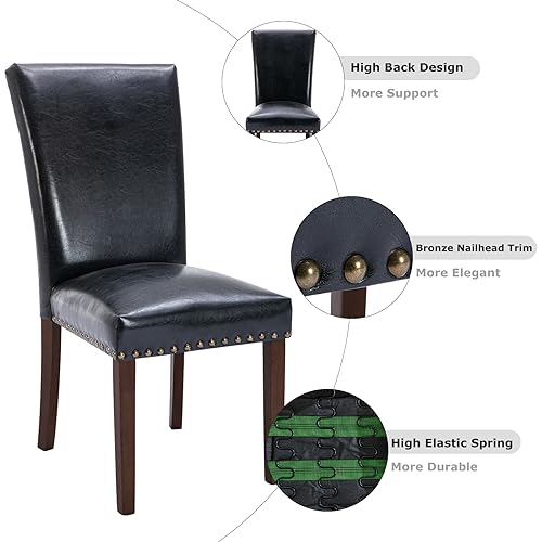 COLAMY Upholstered Parsons Dining Chairs Set of 6, PU Leather Dining Room Kitchen Side Chair with Nailhead Trim and Wood Legs - Black - color: L-black, size: Set of 6