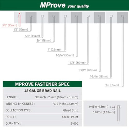 MProve Heavy Duty 18-Guage 3/8in (10mm) Electro-Galvanized Brad Nails [5,000 Nails] - size: 3/8in (10mm)