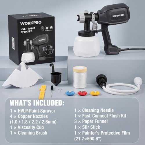 WORKPRO Paint Sprayer, 800W HVLP Spray Gun with 4 Nozzles & 3 Patterns