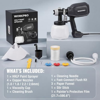WORKPRO Paint Sprayer, 800W HVLP Spray Gun with 4 Nozzles & 3 Patterns