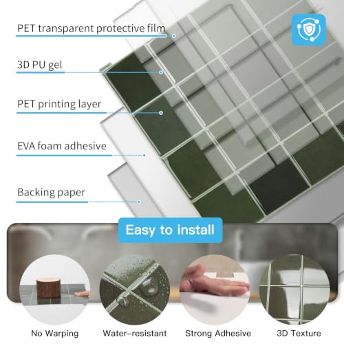 Art3d Grid Design Peel and Stick Backsplash, 10-Pack, 12 x 12 in, Green - color: Green