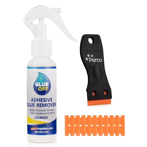 Perco Glue Off Adhesive Sticker Remover - 3.3 fl. oz and Plastic Scraper - size: 3.3 Fl Oz (Pack of 1)