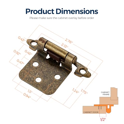 Ravinte Antique Bronze Cabinet Hinges, 1/2 Inch Overlay, 30 Pack (15 Pairs) - color: Antique Brass