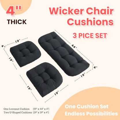 Wicker Chair Cushions 3 Piece Set, Waterproof Outdoor Cushion for Patio Furniture, Loveseat and U-Shaped Wicker Furniture Cushions, Black - color: Black
