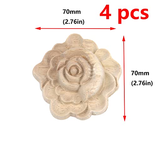 Antrader 4Pcs Unpainted Flower Shape Wood Carved Appliques Onlays,2.8x2.8in - style: Style 1