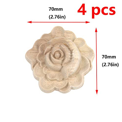 Antrader 4Pcs Unpainted Flower Shape Wood Carved Appliques Onlays,2.8x2.8in - style: Style 1