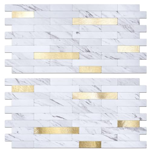 Peel and Stick Backsplash Tile Waterproof Removable PVC Wall Sticker 3D Faux Stone Marble Brick White Accent Panels (American Walnut - Metal Gold, 40 Tiles - 18 sq. ft. (1.68 m²)) - color: American Walnut - Metal Gold, size: 40 Tiles - 18 sq. ft. (1.68 m²