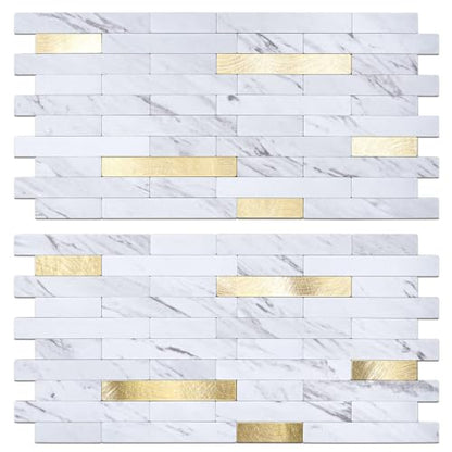 Peel and Stick Backsplash Tile Waterproof Removable PVC Wall Sticker 3D Faux Stone Marble Brick White Accent Panels (American Walnut - Metal Gold, 40 Tiles - 18 sq. ft. (1.68 m²)) - color: American Walnut - Metal Gold, size: 40 Tiles - 18 sq. ft. (1.68 m²