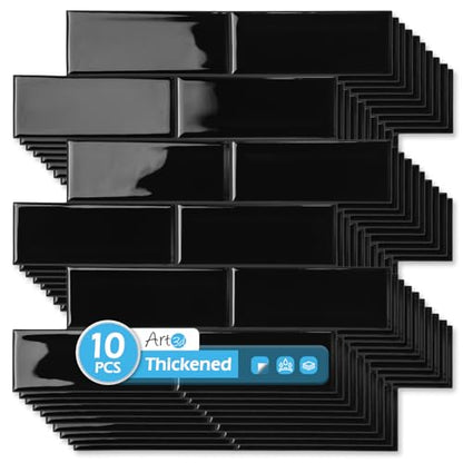Art3d Subway Design Wall Tile, Peel and Stick Backsplash, 10-Pack, Black - color: Black