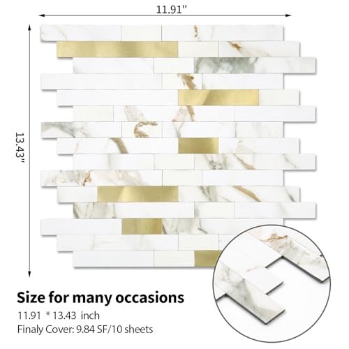 5 - Sheet Peel and Stick Backsplash Wall Tile, PVC Kitchen Backsplash, Stick on Tiles for Backsplash Kitchen (12'' X 12'', White with Gold) - color: White With Gold