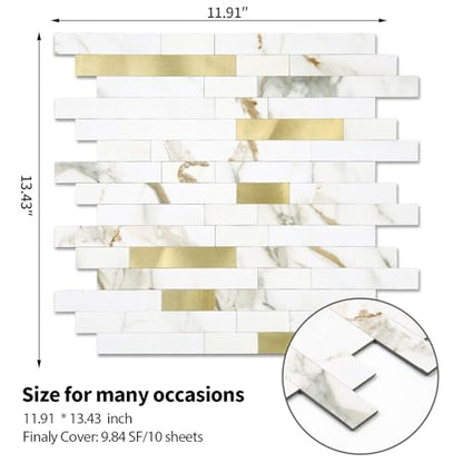 5 - Sheet Peel and Stick Backsplash Wall Tile, PVC Kitchen Backsplash, Stick on Tiles for Backsplash Kitchen (12'' X 12'', White with Gold) - color: White With Gold