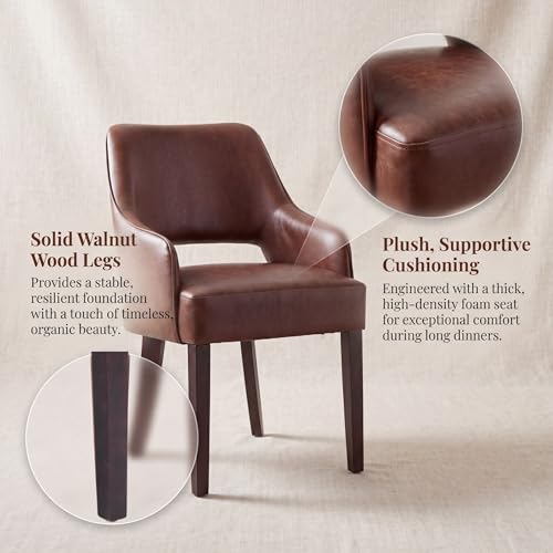 chairus Farmhouse Dining Chairs with Arms Set of 4, Brown PU Leather Upholstered Kitchen & Dining Room Chairs, Curved Open Back Chairs with Walnut Solid Wood Legs & Thick Cushion, Brown - color: Brown