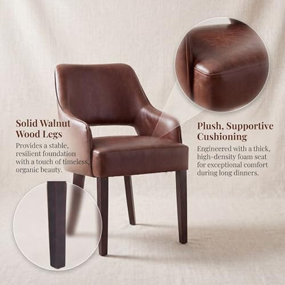 chairus Farmhouse Dining Chairs with Arms Set of 4, Brown PU Leather Upholstered Kitchen & Dining Room Chairs, Curved Open Back Chairs with Walnut Solid Wood Legs & Thick Cushion, Brown - color: Brown