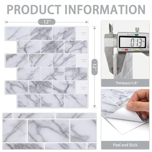 Arttown Peel and Stick 3D Wall Backsplash 10-Sheet, 12" × 12" Marble White - color: White Marble, size: 10PC 12"x12"