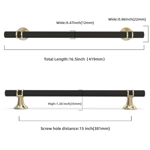 10 Pack 15 Inch Cabinet Pulls knurled Matte Black and Brushed Gold Kitchen Cabinet Handles Aluminum and Zinc Alloy Drawer Pulls Solid Cabinet Hardware - color: Black and Brushed Gold Knurled, size: 15'' Hole Center(381mm)