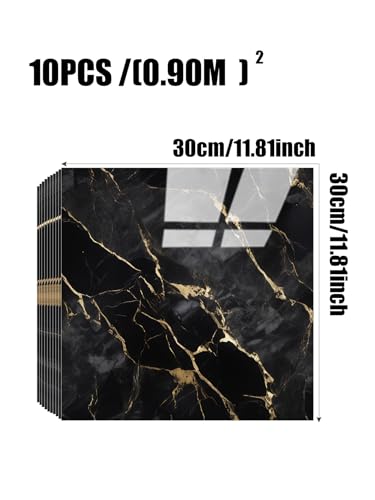 Chejiaye 10pcs Marble Peel and Stick Backsplash Waterproof Washroom Wall Panels, Peel and Stick Tile, PVC Foam Wall Panels for Kitchen,Bathroom,Living Room,Black Gold(Not Real Tile,11.8" x 11.8") - color: Black Gold, size: 11.8" x 11.8" x 10Pack