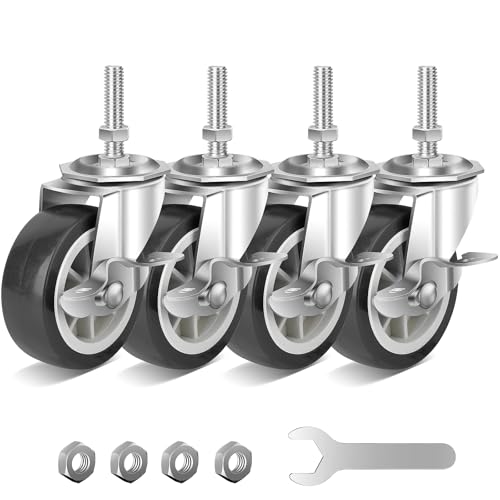 3 Inch Heavy Duty Stem Casters Swivel Wheels with Brake - 3/8" -16 x 1-1/2" (Stem Diameter 3/8", Stem Length 1-1/2"),Set of 4 with Locking Threaded Stem Caster Wheels - Load 600lbs (Grey) - color: Grey