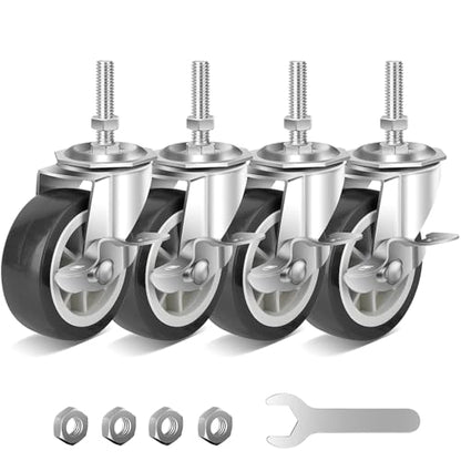 3 Inch Heavy Duty Stem Casters Swivel Wheels with Brake - 3/8" -16 x 1-1/2" (Stem Diameter 3/8", Stem Length 1-1/2"),Set of 4 with Locking Threaded Stem Caster Wheels - Load 600lbs (Grey) - color: Grey