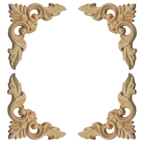 4Pcs 4"x4" Wood Carved Corner Onlay Appliques, Unpainted Decorative Wooden Decals for Furniture, Cabinet, Door, Bed, Wall, Mirror, DIY Home Decor, Smooth & Ready to Paint - size: 4"x4"