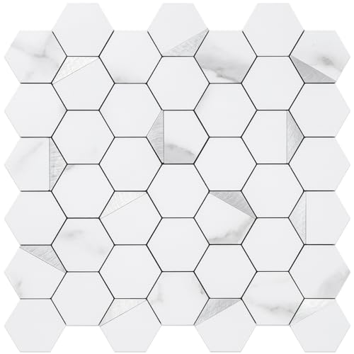 DICOFUN 1 Sheet Hexagon Tile Peel and Stick Backsplash, White Marble Look PVC Mixed Silver Metal Mosaic Tiles for Kitchen and Bathroom - color: Marble White + Silver Metal Chip, size: 1 Sheet, 12''x12''x0.12''