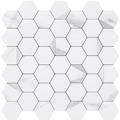 DICOFUN 1 Sheet Hexagon Tile Peel and Stick Backsplash, White Marble Look PVC Mixed Silver Metal Mosaic Tiles for Kitchen and Bathroom - color: Marble White + Silver Metal Chip, size: 1 Sheet, 12''x12''x0.12''